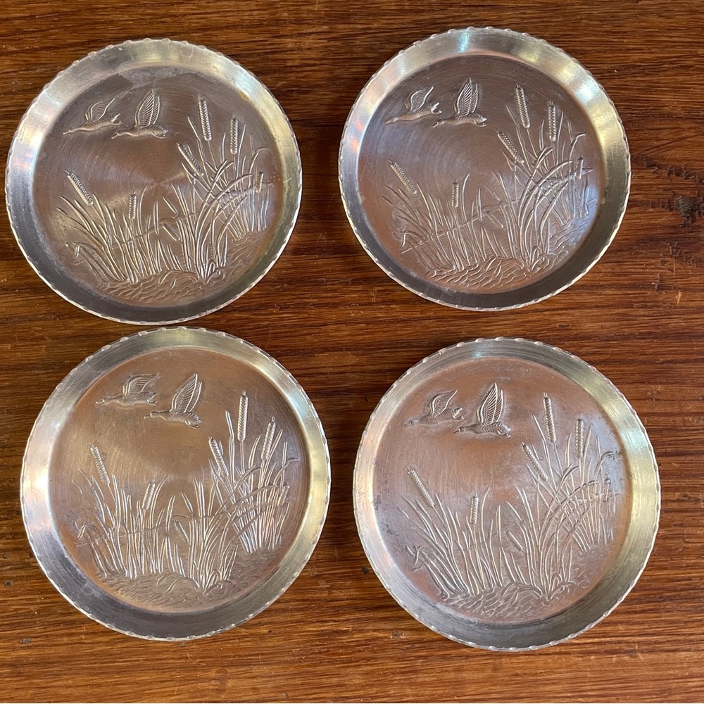 4 Vintage Aluminum Coasters Flying Ducks Mallards Cattails
